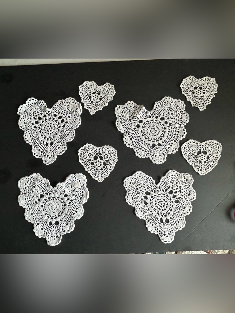 Handmade White Crochet Heart Doilies Set  of 8 Dessert Fruit Bowl /Glass